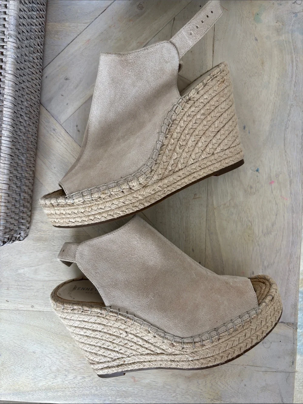 Kenneth Cole Beige Suede Espadrille Wedge Sandals